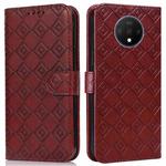 For OnePlus 7T Embossed Big Small Concentric Squares Pattern Horizontal Flip Leather Case with Card Slot & Holder & Wallet(Brown)