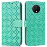 For OnePlus 7T Embossed Big Small Concentric Squares Pattern Horizontal Flip Leather Case with Card Slot & Holder & Wallet(Green)