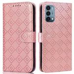For OnePlus Nord N200 5G Embossed Big Small Concentric Squares Pattern Horizontal Flip Leather Case with Card Slot & Holder & Wallet(Pink)