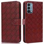 For OnePlus Nord N200 5G Embossed Big Small Concentric Squares Pattern Horizontal Flip Leather Case with Card Slot & Holder & Wallet(Brown)