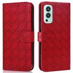 For OnePlus Nord 2 5G Embossed Big Small Concentric Squares Pattern Horizontal Flip Leather Case with Card Slot & Holder & Wallet(Red)