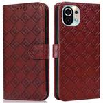 For Xiaomi Mi 11 Embossed Big Small Concentric Squares Pattern Horizontal Flip Leather Case with Card Slot & Holder & Wallet(Brown)