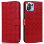 For Xiaomi Mi 11 Lite Embossed Big Small Concentric Squares Pattern Horizontal Flip Leather Case with Card Slot & Holder & Wallet(Red)