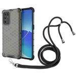 For OPPO Reno6 4G Shockproof Honeycomb PC + TPU Case with Neck Lanyard(Black)