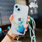 For iPhone 13 Hollow Marble Pattern TPU Precise Hole Protective Case with Neck Strap Rope(Blue)