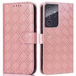 For Samsung Galaxy S21 Ultra 5G Embossed Big Small Concentric Squares Pattern Horizontal Flip Leather Case with Card Slot & Holder & Wallet(Pink)