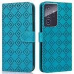 For Samsung Galaxy S21 Ultra 5G Embossed Big Small Concentric Squares Pattern Horizontal Flip Leather Case with Card Slot & Holder & Wallet(Blue)