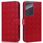For Samsung Galaxy S21 Ultra 5G Embossed Big Small Concentric Squares Pattern Horizontal Flip Leather Case with Card Slot & Holder & Wallet(Red)