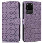 For Samsung Galaxy S20 Ultra Embossed Big Small Concentric Squares Pattern Horizontal Flip Leather Case with Card Slot & Holder & Wallet(Purple)