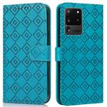 For Samsung Galaxy S20 Ultra Embossed Big Small Concentric Squares Pattern Horizontal Flip Leather Case with Card Slot & Holder & Wallet(Blue)