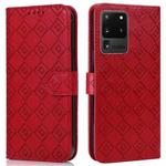 For Samsung Galaxy S20 Ultra Embossed Big Small Concentric Squares Pattern Horizontal Flip Leather Case with Card Slot & Holder & Wallet(Red)