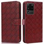 For Samsung Galaxy S20 Ultra Embossed Big Small Concentric Squares Pattern Horizontal Flip Leather Case with Card Slot & Holder & Wallet(Brown)