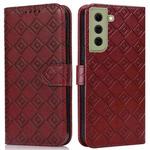 For Samsung Galaxy S21 FE 5G Embossed Big Small Concentric Squares Pattern Horizontal Flip Leather Case with Card Slot & Holder & Wallet(Brown)