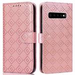 For Samsung Galaxy S10 Embossed Big Small Concentric Squares Pattern Horizontal Flip Leather Case with Card Slot & Holder & Wallet(Pink)