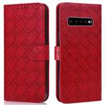 For Samsung Galaxy S10 Embossed Big Small Concentric Squares Pattern Horizontal Flip Leather Case with Card Slot & Holder & Wallet(Red)