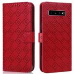 For Samsung Galaxy S10+ Embossed Big Small Concentric Squares Pattern Horizontal Flip Leather Case with Card Slot & Holder & Wallet(Red)