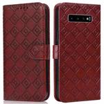 For Samsung Galaxy S10+ Embossed Big Small Concentric Squares Pattern Horizontal Flip Leather Case with Card Slot & Holder & Wallet(Brown)