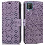 For Samsung Galaxy A12 5G Embossed Big Small Concentric Squares Pattern Horizontal Flip Leather Case with Card Slot & Holder & Wallet(Purple)