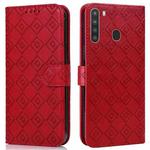 For Samsung Galaxy A21 US Version Embossed Big Small Concentric Squares Pattern Horizontal Flip Leather Case with Card Slot & Holder & Wallet(Red)