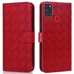 For Samsung Galaxy A21s Embossed Big Small Concentric Squares Pattern Horizontal Flip Leather Case with Card Slot & Holder & Wallet(Red)