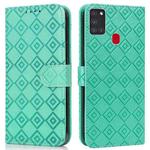 For Samsung Galaxy A21s Embossed Big Small Concentric Squares Pattern Horizontal Flip Leather Case with Card Slot & Holder & Wallet(Green)