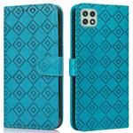 For Samsung Galaxy A22 5G Embossed Big Small Concentric Squares Pattern Horizontal Flip Leather Case with Card Slot & Holder & Wallet(Blue)