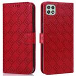 For Samsung Galaxy A22 5G Embossed Big Small Concentric Squares Pattern Horizontal Flip Leather Case with Card Slot & Holder & Wallet(Red)