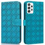 For Samsung Galaxy A52 5G Embossed Big Small Concentric Squares Pattern Horizontal Flip Leather Case with Card Slot & Holder & Wallet(Blue)