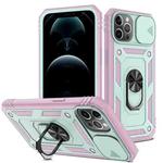 For iPhone 12 / 12 Pro Sliding Camera Cover Design TPU + PC Protective Case with 360 Degree Rotating Holder & Card Slot(Pink+Green)