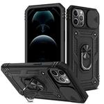 For iPhone 12 / 12 Pro Sliding Camera Cover Design TPU + PC Protective Case with 360 Degree Rotating Holder & Card Slot(Black+Black)