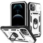 For iPhone 12 Pro Max Sliding Camera Cover Design TPU + PC Protective Case with 360 Degree Rotating Holder & Card Slot(White+Black)