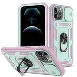 For iPhone 12 Pro Max Sliding Camera Cover Design TPU + PC Protective Case with 360 Degree Rotating Holder & Card Slot(Pink+Green)