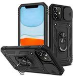 For iPhone 11 Sliding Camera Cover Design TPU + PC Protective Case with 360 Degree Rotating Holder & Card Slot (Black+Black)