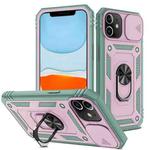 For iPhone 11 Sliding Camera Cover Design TPU + PC Protective Case with 360 Degree Rotating Holder & Card Slot (Grey Green+Pink)