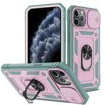 For iPhone 11 Pro Sliding Camera Cover Design TPU + PC Protective Case with 360 Degree Rotating Holder & Card Slot (Grey Green+Pink)