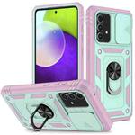 For Samsung Galaxy A52 Sliding Camera Cover Design TPU + PC Protective Case with 360 Degree Rotating Holder & Card Slot(Pink+Green)