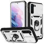 For Samsung Galaxy S21 5G Sliding Camera Cover Design TPU + PC Protective Case with 360 Degree Rotating Holder & Card Slot(White+Black)
