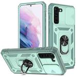 For Samsung Galaxy S21 5G Sliding Camera Cover Design TPU + PC Protective Case with 360 Degree Rotating Holder & Card Slot(Grey Green+Grey Green)