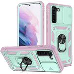 For Samsung Galaxy S21+ 5G Sliding Camera Cover Design TPU + PC Protective Case with 360 Degree Rotating Holder & Card Slot(Pink+Green)