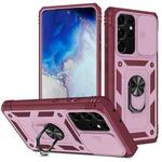 For Samsung Galaxy S21 Ultra 5G Sliding Camera Cover Design TPU + PC Protective Case with 360 Degree Rotating Holder & Card Slot(Pink+Dark Red)