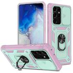 For Samsung Galaxy S21 Ultra 5G Sliding Camera Cover Design TPU + PC Protective Case with 360 Degree Rotating Holder & Card Slot(Pink+Green)