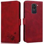 For Xiaomi Redmi Note 9 Embossed Cat Butterflies Pattern Horizontal Flip Leather Case with Card Slot & Holder & Wallet(Red)