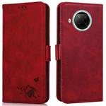 For Xiaomi Redmi Note 9 Pro 5G Embossed Cat Butterflies Pattern Horizontal Flip Leather Case with Card Slot & Holder & Wallet(Red)