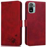 For Xiaomi Redmi Note 10 4G / 10s Embossed Cat Butterflies Pattern Horizontal Flip Leather Case with Card Slot & Holder & Wallet(Red)