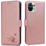 For Xiaomi Mi 11 Embossed Cat Butterflies Pattern Horizontal Flip Leather Case with Card Slot & Holder & Wallet(Pink)