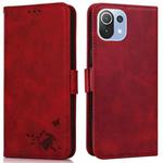 For Xiaomi Mi 11 Lite Embossed Cat Butterflies Pattern Horizontal Flip Leather Case with Card Slot & Holder & Wallet(Red)