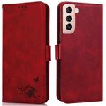 For Samsung Galaxy S21 5G Embossed Cat Butterflies Pattern Horizontal Flip Leather Case with Card Slot & Holder & Wallet(Red)
