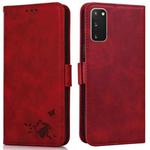 For Samsung Galaxy S20 Embossed Cat Butterflies Pattern Horizontal Flip Leather Case with Card Slot & Holder & Wallet(Red)