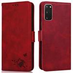 For Samsung Galaxy S20+ Embossed Cat Butterflies Pattern Horizontal Flip Leather Case with Card Slot & Holder & Wallet(Red)