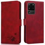 For Samsung Galaxy S20 Ultra Embossed Cat Butterflies Pattern Horizontal Flip Leather Case with Card Slot & Holder & Wallet(Red)